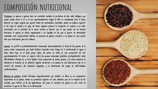 composición nutricional
Proteínas: La quinoa o quinua tiene un contenido variable en proteínas de alto valor biológico, que
puede oscilar entre el 14 y el 22% aproximadamente. Según la FAO, es considerada como el único
alimento de origen vegetal que aporta todos los aminoácidos esenciales, siendo su balance superior
al del trigo, la cebada y la soja. De hecho, algunos autores la comparan, en cuanto a su valor
nutricional, con la proteína de la carne, huevos y lácteos, por lo que puede ser de interés
introducir la quinoa en dietas vegetarianas o en aquellas en las que el aporte de aminoácidos
esenciales esté comprometido. Además, la ausencia de gluten convierte a la quinoa en una opción
más que interesante para los celíacos.
Grasas: Su perfil es predominantemente insaturado. Aproximadamente la mitad de las grasas de la
quínoa están compuestas por ácido linoleico (conocido como Omega 6). A continuación le sigue el
ácido oleico (que es el ácido graso típico del aceite de oliva) en una proporción del 25%
aproximadamente. El resto se reparte entre las grasas saturadas (palmítico principalmente), ácido
alfa-linolénico (Omega 3), y otros lípidos. Esta proporción de ácidos grasos, y la obvia ausencia de
colesterol al tratarse de un alimento vegetal, convierten a la quinua en una alternativa más en el
control del aumento del colesterol sanguíneo y la disminución del riesgo de enfermedades
cardiovasculares.
Hidratos de carbono: :Están formados mayoritariamente por almidón. La fibra es un componente
importante de la quinoa, siendo su presencia superior en este alimento que en la mayoría de los
cereales, pero inferior al de las leguminosas. Así pues, el consumo de quinoa es otro modo de
aumentar el aporte de fibra en la alimentación
 