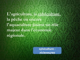 L'agriculture, la sylviculture,
la pêche ou encore
l'aquaculture jouent un rôle
majeur dans l'économie
régionale.
sylviculture - 
лісівництво
 