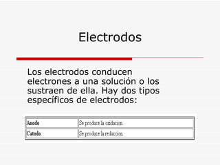 Electrodos Los electrodos conducen electrones a una solución o los sustraen de ella. Hay dos tipos específicos de electrodos:  