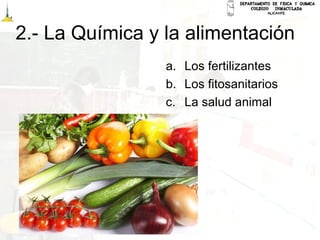 2.- La Química y la alimentación
a. Los fertilizantes
b. Los fitosanitarios
c. La salud animal
 
