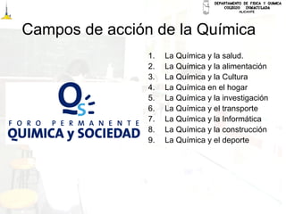 Campos de acción de la Química
1. La Química y la salud.
2. La Química y la alimentación
3. La Química y la Cultura
4. La Química en el hogar
5. La Química y la investigación
6. La Química y el transporte
7. La Química y la Informática
8. La Química y la construcción
9. La Química y el deporte
 