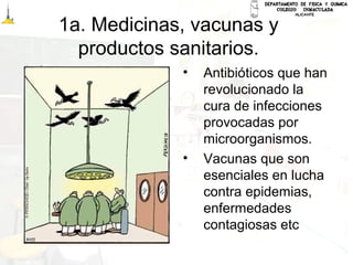 1a. Medicinas, vacunas y
productos sanitarios.
• Antibióticos que han
revolucionado la
cura de infecciones
provocadas por
microorganismos.
• Vacunas que son
esenciales en lucha
contra epidemias,
enfermedades
contagiosas etc
 