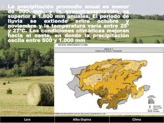 La precipitación promedio anual es menor de 500 mm. y la evapotranspiración es superior a 1.800 mm anuales. El período de lluvia se extiende entre octubre y noviembre y la temperatura varía entre 25° y 27°C. Las condiciones climáticas mejoran hacia el oeste, en donde la precipitación oscila entre 600 y 1.000 mm