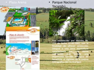 Plaza ArenaParque Nacional YacambúFue establecido por decreto Nr. 771 de fecha 12-06-1962, con la finalidad de ofrecer protección integral a una zona montañosa caracterizada por una densa vegetación que cumple una importante función ecológica de beneficiar el régimen de la cuenca hidrográfica del río Acarigua