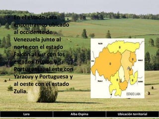 En el estado Lara encontramos ubicado al occidente de Venezuela junto al norte con el estado Falcón al sur con los estados Trujillo y Portuguesa; al este con Yaracuy y Portuguesa y al oeste con el estado Zulia.