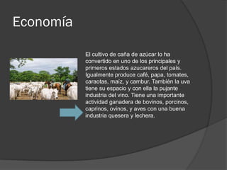 Economía

           El cultivo de caña de azúcar lo ha
           convertido en uno de los principales y
           primeros estados azucareros del país.
           Igualmente produce café, papa, tomates,
           caraotas, maíz, y cambur. También la uva
           tiene su espacio y con ella la pujante
           industria del vino. Tiene una importante
           actividad ganadera de bovinos, porcinos,
           caprinos, ovinos, y aves con una buena
           industria quesera y lechera.
 