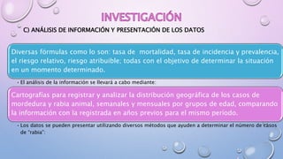 C) ANÁLISIS DE INFORMACIÓN Y PRESENTACIÓN DE LOS DATOS
Diversas fórmulas como lo son: tasa de mortalidad, tasa de incidencia y prevalencia,
el riesgo relativo, riesgo atribuible; todas con el objetivo de determinar la situación
en un momento determinado.
• El análisis de la información se llevará a cabo mediante:
Cartografías para registrar y analizar la distribución geográfica de los casos de
mordedura y rabia animal, semanales y mensuales por grupos de edad, comparando
la información con la registrada en años previos para el mismo período.
• Los datos se pueden presentar utilizando diversos métodos que ayuden a determinar el número de casos
de “rabia”:
 