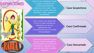 Persona con mordedura, herida
o rasguño, producida por
animal potencialmente
transmisor de la rabia. Todo
paciente con cuadro clínico de
encefalitis, fiebre, agitación e
inestabilidad.
Caso Sospechoso
Caso a quien se le demuestra
el virus a través estudios de
laboratorio, ya sea por
aislamiento viral,
inmunofluorescencia o estudio
histopatológico.
Caso Confirmado
El paciente no presenta ningún
tipo de síntoma compatible a
la enfermedad y las pruebas de
laboratorio realizadas a los
pacientes den como resultado
“negativo”.
Caso Descartado
 