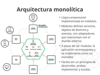 Arquitectura monolítica
●
Lógica empresarial
implementada en módulos.
●
Módulos definen servicios,
objetos de dominio y
eventos, con adaptadores
que interactúan con el
mundo externo.
●
A pesar de ser modular, la
aplicación se empaqueta y
se implementa como un
monolito.
●
Fáciles (en un principio) de
desarrollar, probar,
implementar y escalar.
 