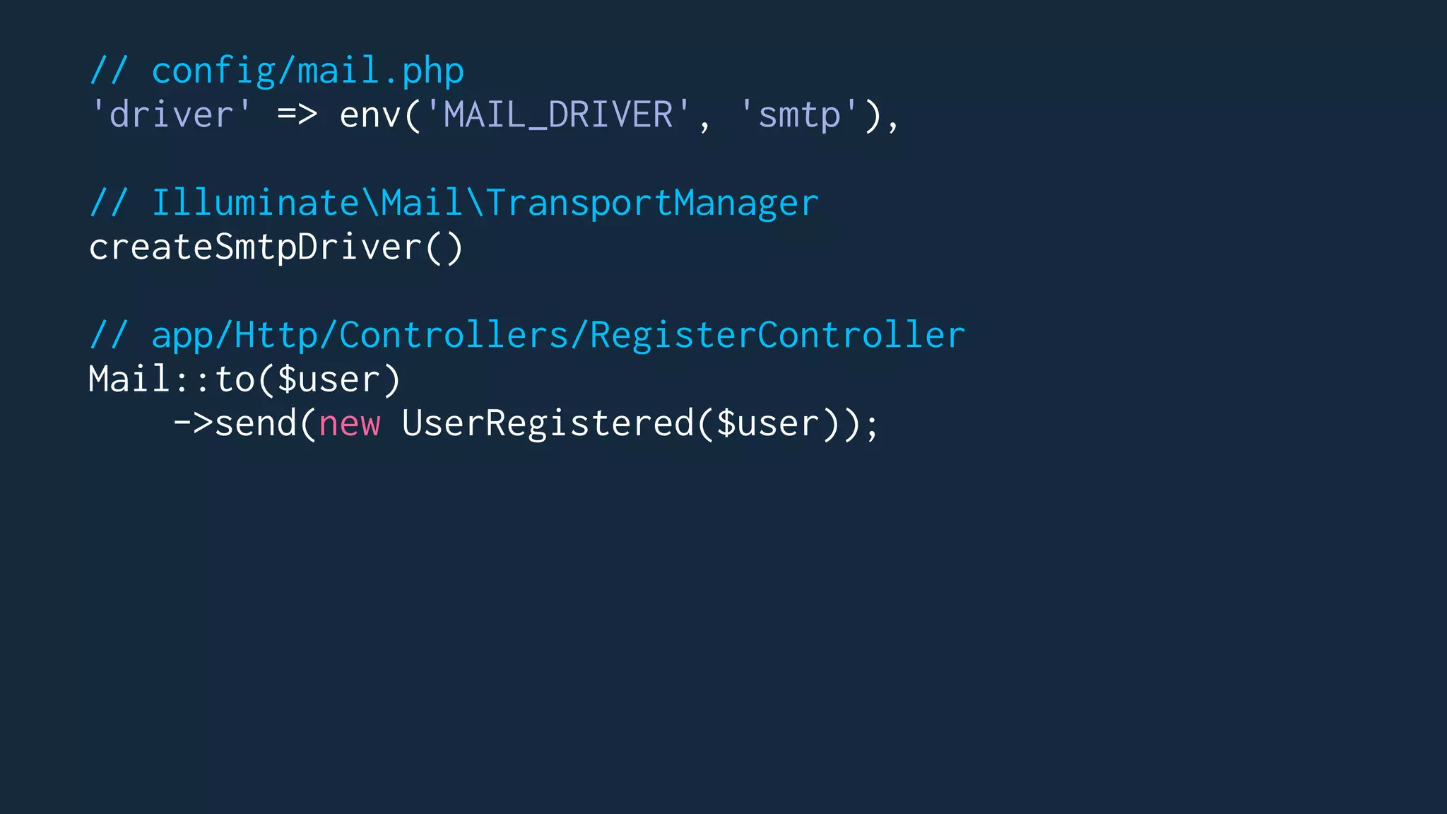 // config/mail.php
'driver' => env('MAIL_DRIVER', 'smtp'),
// IlluminateMailTransportManager
createSmtpDriver()
// app/Http/Controllers/RegisterController
Mail::to($user)
->send(new UserRegistered($user));
 