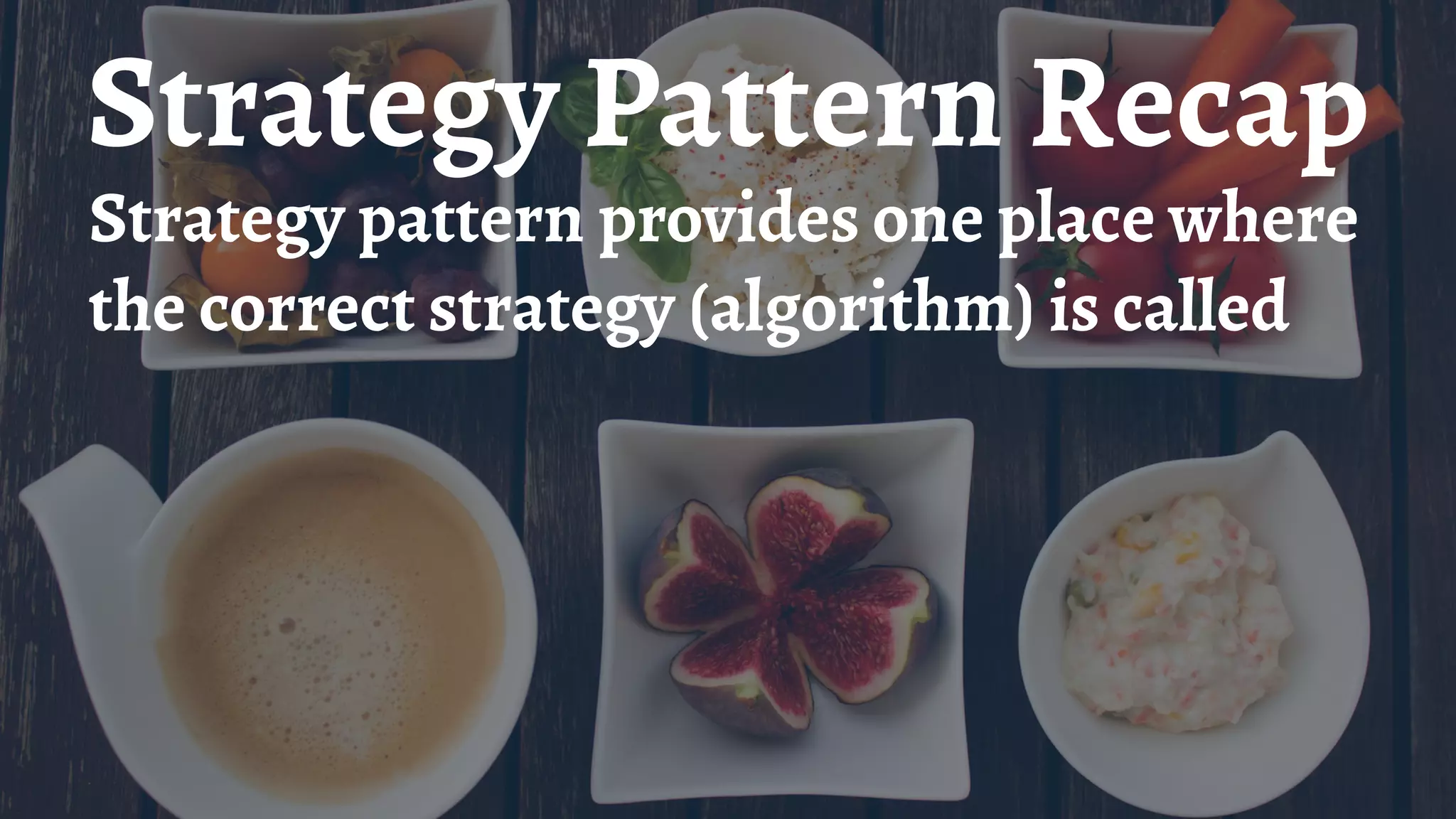 Strategy Pattern Recap
Strategy pattern provides one place where
the correct strategy (algorithm) is called
 