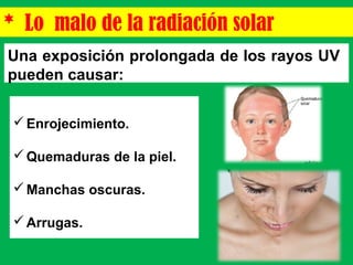 * Lo malo de la radiación solar
Una exposición prolongada de los rayos UV
pueden causar:
Enrojecimiento.
Quemaduras de la piel.
Manchas oscuras.
Arrugas.
 