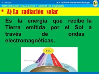 III - Unidad :
TEMA: RADIACIÓN SOLAR, DAÑOS Y MEDIDAS DE PRVENCIÓN
I.E.P «Nuestra Señora de Guadalupe»
Es la energía que recibe la
Tierra emitida por el Sol a
través de ondas
electromagnéticas.
* A) La radiación solar
 