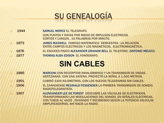 SU GENEALOGÍA


1944



1873



1876
1877



SAMUEL MORCE EL TELEGRAFO.
CON PUNTOS Y RAYAS POR MEDIO DE IMPULSOS ELECTRICOS,
CORTOS Y LARGOS , 15 PALABRAS POR MINUTO.
JAMES MAXWELL FAMOSO MATEMATICO DEMUESTRA : LA RELACIÓN
ENTRE CAMPOS ELÉCTRICOS Y LOS MAGNETICOS, ELECTROMAGNÉTICA.
EL ESCOCES FISICO ALEXANDER GRAHAM BELL EL TELEFONO. (ANTONIO MEUCCI)
THOMAS ALBA EDISON EL FONÓGRAFO.

SIN CABLES


1885




1901
1906



1907

MARCONI CON RECERPTOR INHALÁMBRICO Y UN TRANSMISOR DE ONDAS
HERTZIANAS CON UNA ANTENA, PROYECTÓ LA SEÑAL A 1.000 METROS.
CUBRIÓ 3300 KILOMETROS ,CON LOS NUEVOS TELEGRAMAS SIN CABLES.
EL CANADIENSE REGINALD FESSENDEN LA PRIMERA TRANSMISION DE SONIDO,
RADIOTELEGRAFISTA.
ALENXANDER LEE DE FOREST DESCUBRE LAS VÁLVULAS DE ELECTRODOS,
TRANSFORMANDO LAS MODULACIONES DEL SONIDO, EN SEÑALES ELÉCTRICAS,
CON TUBOS AL VACÍO , ENVIANDO Y RECIBIENDO SEGÚN LA POTENCIA VALVULAS
AMPLIFICADORAS, AHÍ NACÍA LA RADIO.

 