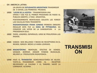 









EN AMERICA LATINA:
UN GRUPO DE ESTUDIANTES ARGENTINOS TRANSMISOR
DE 5 VATIOS, LAS PRIMERAS PRUEBAS.
1920 “LOCOS DE LA AZOTEA “ TRANSMITIERON UNA
OPERA Y ESE FUE EL PRIMER PROGRAMA DE RADIO AL
PUBLICO ABIERTO, A TODA ARGENTINA.
POSTERIORMENTE MONTEVIDEO SOLICITA LEE FOREST
LAS VALVULAS PARA TRANSMITIR.
RADIOAFICIONADO FRANK CONRAD PRIMERA EMISORA
REGULAR ESTA FUE LA KDKA DE PITTSBURGH, DA
CONOCER LOS VOTOS DE LA CANDIDATURA A LA
PRESIDENCIA EEUU.
1922 PARIS, LONDRES, ESPAÑOLES, URSS SE PROLIFERAN LAS
RADIOS.



1924 HABIAN SEIS MILLONES Y MEDIO DE RECEPTORES EN EL
MUNDO, NINGÚN MEDIO LO HABIA LOGRADO.



1945 MAGNETÓFONO, MONTAJES, EFECTOS DE SONIDO,
GRABAR, BORRAR, AÑADIR FONDOS MUSICALES,
MEJORÓ LA PRODUCCIÓN RADIOFONICA.



1948 NACE EL TRANSISTOR, SEMICONDUCTORES DE SILICIO,
TANTO AL TRANSMISOR COMO AL
RECEPTOR
MEJORANDO LA CALIDAD Y EL TAMAÑO, NACIÓ LA
CORRIENTE ALTERNA.

TRANSMISI
ÓN

 
