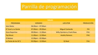 Parrilla de programación
Sábado
PROGRAMA HORARIO LOCUTOR PRODUCCIÓN
Solo Ídolos 06:00am – 07:00am
El Tunal y su Gente 07:00am – 09:00am Miguel Cantando P.N
Zona Deportiva 09:00am – 11:00am Willy Quintero y Frank Roas P.N.I
Top Music 11:00am – 12:00am Andrés Romero P.N.I
El Bailazo 12:00pm – 02:00pm
La Fiesta de los DJ´S 02:00pm – 12:00am Dj Noel P.N.I
 