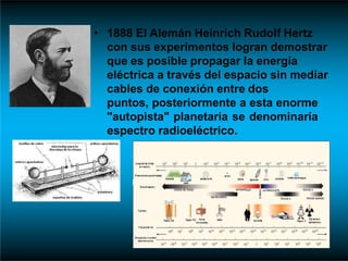 • 1888 El Alemán Heinrich Rudolf Hertz
con sus experimentos logran demostrar
que es posible propagar la energía
eléctrica a través del espacio sin mediar
cables de conexión entre dos
puntos, posteriormente a esta enorme
"autopista" planetaria se denominaría
espectro radioeléctrico.
 