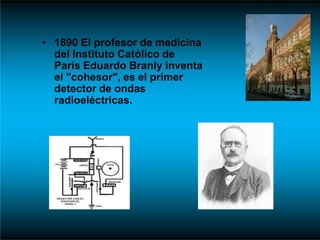 • 1890 El profesor de medicina
del Instituto Católico de
París Eduardo Branly inventa
el "cohesor", es el primer
detector de ondas
radioeléctricas.
 