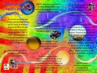 Historia de la                Nikola Tesla hizo su primera
                               demostración pública de
                                                                        El 12 de diciembre de

radio en el
                                                                            1901, Marconi
                            radiocomunicación en San Luis              transmitió, por primera
                               (Missouri, USA),en 1893.
mundo…                                                                 vez, señales Morse por
                                                                      ondas electromagnéticas.
  Un teoría dinámica del
campo electromagnético,             Luego de varias
  así se llamo la primera      investigaciones se crea el
                                                                       La primera radiodifusión
  propuesta descrita por     primer sistema de emisiones
                                                                   transmitida en la historia se da
   James Clerk Maxwell,     telegráficas con el nombre de
                                                                   en 1906 en Massachusetts por
   entre los años 1861 y     “HEINRICH HERTZ” en 1896.
                                                                    Reginal Fessend desde Brant
  1865, descubriendo la                                             Rock Station; en Argentina se
 teoría de la propagación                                               da en 1920; la primera
        de las ondas                                                  emisora oficial en USA es la
                               El primer inventor hasta
    electromagnéticas.           ahora conocido es el              KDKA en Pittsburg; en Londres
                                español Julio Cervera                   se da en 1922 la British
                                       Baviera.                        Broadcasting Corporation
Heinrich Rudolf Hertz                                                (BBC); posteriormente se da
en 1886 y 1888 valido                                                 en Chile, Y en Paris se da la
     esta teoría.                Primeras Intervenciones…                        Havas.
                             Alejandro Stepánovich Popov hizo
                              sus primeras demostraciones en
                            San Petersburgo, Rusia; Nikola Tesla              En 1933 Edwin
                               en San Luis (Missouri, Estados             Armstrong descubre la
                             Unidos) y Guillermo Marconi en el                modulación de
                                       Reino Unido.                          frecuencia (FM)
 