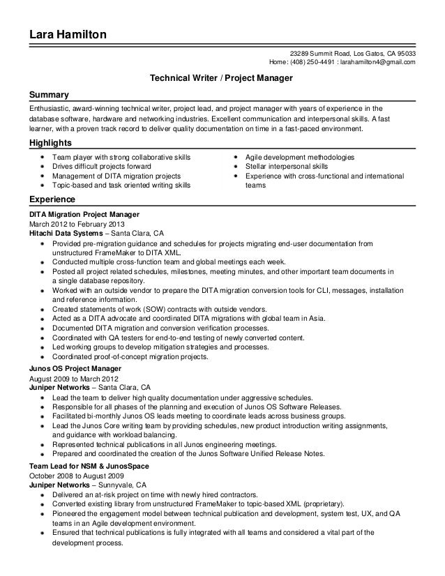 senior technical writer project manager technical writer sample resumes