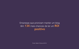Empresas que priorizam manter um blog
têm 13X mais chances de ter um ROI
positivo
Fonte: State of Inbound 2014
 