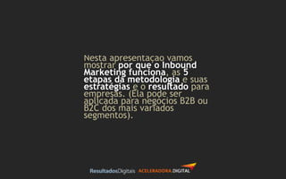 Nesta apresentação vamos
mostrar por que o Inbound
Marketing funciona, as 5
etapas da metodologia e suas
estratégias e o resultado para
empresas. (Ela pode ser
aplicada para negócios B2B ou
B2C dos mais variados
segmentos).
 
 