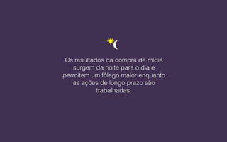 Os resultados da compra de mídia
surgem da noite para o dia e
permitem um fôlego maior enquanto
as ações de longo prazo são
trabalhadas.
 