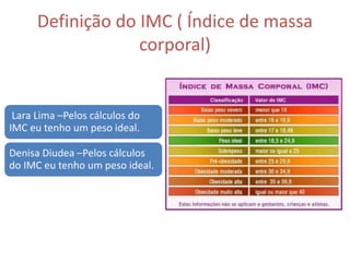 Definição do IMC ( Índice de massa
corporal)
Lara Lima –Pelos cálculos do
IMC eu tenho um peso ideal.
Denisa Diudea –Pelos cálculos
do IMC eu tenho um peso ideal.
 