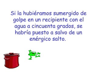 Si la hubiéramos sumergido de
golpe en un recipiente con el
agua a cincuenta grados, se
habría puesto a salvo de un
enérgico salto. 
 