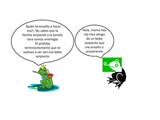 Hola, mama hoy
me hice amigo
de un bebe
serpiente que
me enseño a
arrastrarme
¿Quién te enseño a hacer
eso?, No sabes que la
familia serpiente y la familia
rana somos enemigas
Te prohíbo
terminantemente que te
vuelvas a ver con ese bebe
serpiente
 