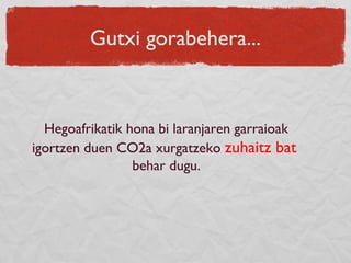 Gutxi gorabehera...
Hegoafrikatik hona bi laranjaren garraioak
igortzen duen CO2a xurgatzeko zuhaitz bat
behar dugu.
 