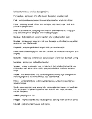 tumbuh-tumbuhan, keadaan atau peristiwa.

Perwatakan – gambaran sifat-sifat luaran dan dalam sesuatu watak

Plot – rentetan atau urutan peristiwa yang berdasarkan sebab dan akibat

Prosa – sebarang bentuk tulisan atau karangan yang mempunyai corak atau
gambaran yang tertentu

Puisi – suatu bentuk tulisan yang berirama dan dilahirkan melalui tanggapan
yang penuh imaginatif daripada penyair atau penyajak

Rangkap – beberapa baris yang merupakan satu kesatuan dalam puisi

Repitasi – pengulangan bahagian ayat yang dianggap penting bagi menunjukkan
penegasan yang dikehendaki

Responsi – pengulangan kata di tengah baris pantun atau sajak

Rima – keselarasan bunyi pada suku kata terakhir dalam sesuatu baris puisi atau
rangkap

Romantis – nada yang perlahan dan penuh dengan kelembutan dan kasih saying

Sampiran – pembayang maksud bagi pantun

Saspens – unsure ketegangan yang berlaku hasil daripada konflik-konflik yang
ditimbulkan oleh watak dalam cerita yang menyebabkan pembaca tertanya-
tanya

Seloka – puisi Melayu lama yang setiap rangkapnya mempunyai bilangan baris
maksud yang bebas dan rima akhirnya juga tidak terikat.

Simbol – lambang-lambang tertentu yang digunakan untuk menggambarkan
sesuatu maksud

Simile – perumpamaan yang secara jelas mengungkapkan sesuatu perbandingan
atau persamaan dengan menggunakan kata seperti, bak, bagai, umpama,
macam dan persis

Sinkof – penyingkatan kata

Sinopsis – ringkasan cerita atau sesuatu perkara penting dalam sesebuah cerita

Subplot – plot sampingan kepada plot utama
 