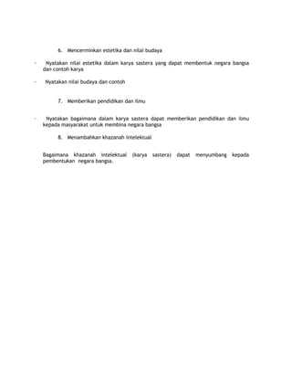 6. Mencerminkan estetika dan nilai budaya

·    Nyatakan nilai estetika dalam karya sastera yang dapat membentuk negara bangsa
    dan contoh karya

·   Nyatakan nilai budaya dan contoh


         7. Memberikan pendidikan dan ilmu


·    Nyatakan bagaimana dalam karya sastera dapat memberikan pendidikan dan ilmu
    kepada masyarakat untuk membina negara bangsa

         8. Menambahkan khazanah intelektual


    Bagaimana khazanah intelektual     (karya   sastera)   dapat   menyumbang   kepada
    pembentukan negara bangsa.
 