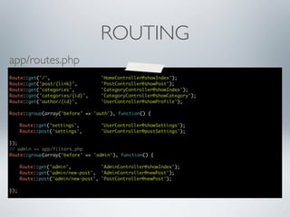 ROUTING
app/routes.php
Route::get('/',	
	
	
	
	
Route::get('post/{link}',	 	
	
Route::get('categories',	 	
	
Route::get('categories/{id}',		
Route::get('author/{id}',	 	
	

'HomeController@showIndex');
'PostController@showPost');
'CategoryController@showIndex');
'CategoryController@showCategory');
'UserController@showProfile');

Route::group(array('before' => 'auth'), function() {
	
	

Route::get('settings',	
	
Route::post('settings',	

	
	

'UserController@showSettings');
'UserController@postSettings');

});
// admin => app/filters.php
Route::group(array('before' => 'admin'), function() {
	
	
	
});

Route::get('admin',	 	
	
'AdminController@showIndex');
Route::get('admin/new-post',	 'AdminController@newPost');
Route::post('admin/new-post',	'PostController@newPost');

 