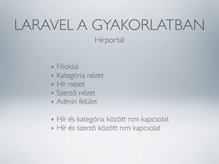 LARAVEL A GYAKORLATBAN
Hírportál
‣
‣
‣
‣
‣
‣
‣

Főoldal
Kategória nézet
Hír nézet
Szerző nézet
Admin felület
Hír és kategória között n:m kapcsolat
Hír és szerző között n:m kapcsolat

 