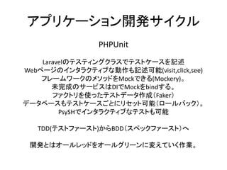 アプリケーション開発サイクル
PHPUnit
Laravelのテスティングクラスでテストケースを記述
Webページのインタラクティブな動作も記述可能(visit,click,see)
フレームワークのメソッドをMockできる(Mockery)。
未完成のサービスはDIでMockをbindする。
ファクトリを使ったテストデータ作成（Faker）
データベースもテストケースごとにリセット可能（ロールバック）。
PsySHでインタラクティブなテストも可能
TDD(テストファースト)からBDD（スペックファースト）へ
開発とはオールレッドをオールグリーンに変えていく作業。
 