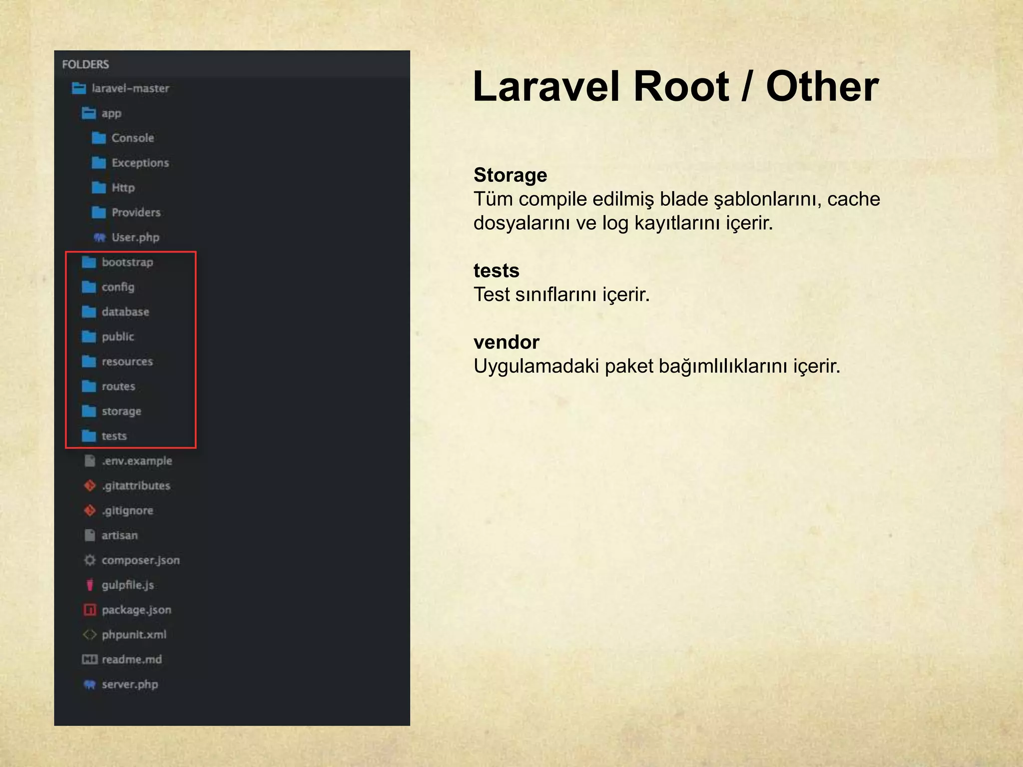Laravel Root / Other
Storage
Tüm compile edilmiş blade şablonlarını, cache
dosyalarını ve log kayıtlarını içerir.
tests
Test sınıflarını içerir.
vendor
Uygulamadaki paket bağımlılıklarını içerir.
 
