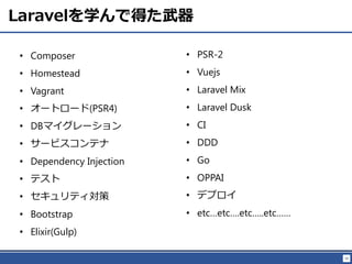 50
Laravelѧǵä
? Composer
? Homestead
? Vagrant
? `ȥ`(PSR4)
? DBޥ`
? `ӥƥ
? Dependency Injection
? ƥ
? ƥ
? Bootstrap
? Elixir(Gulp)
? PSR-2
? Vuejs
? Laravel Mix
? Laravel Dusk
? CI
? DDD
? Go
? OPPAI
? ǥץ
? etcetc.etc..etc
 