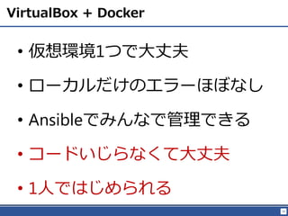 59
VirtualBox + Docker
? h1ĤǴɷ
? `Υ`ۤܤʤ
? AnsibleǤߤʤǹǤ
? `ɤʤƴɷ
? 1ˤǤϤ
 