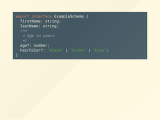 export interface ExampleSchema {
firstName: string;
lastName: string;
/**
* Age in years
*/
age?: number;
hairColor?: "black" | "brown" | "blue";
}
 