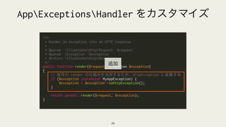 AppExceptionsHandler
!29
/**
* Render an exception into an HTTP response.
*
* @param IlluminateHttpRequest $request
* @par...