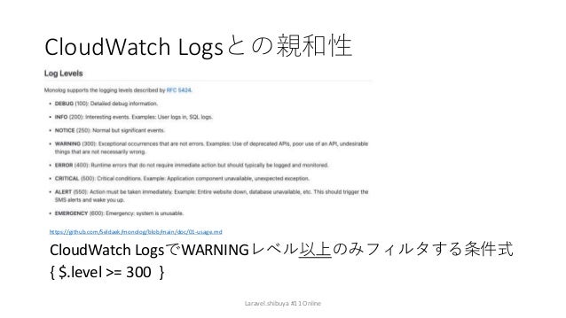 CloudWatch Logsとの親和性
CloudWatch LogsでWARNINGレベル以上のみフィルタする条件式
{ $.level >= 300 }
Laravel.shibuya #11 Online
https://github....