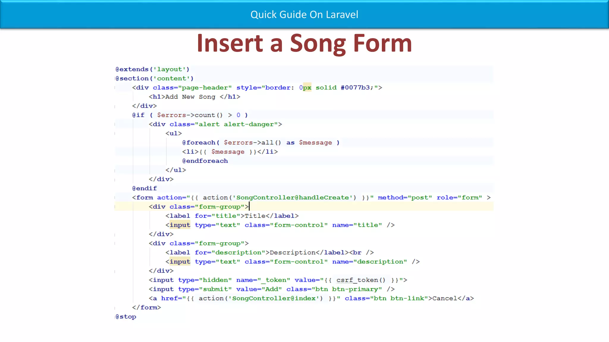 Insert a Song Form Quick Guide On Laravel 