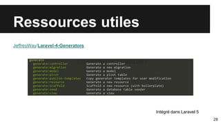 Ressources utiles
28
JeffreyWay/Laravel-4-Generators
Intégré dans Laravel 5
 