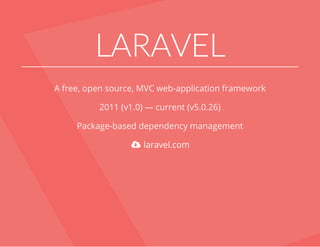 LARAVEL
A free, open source, MVC web-application framework
2011 (v1.0) — current (v5.0.26)
Package-based dependency management
 laravel.com
 