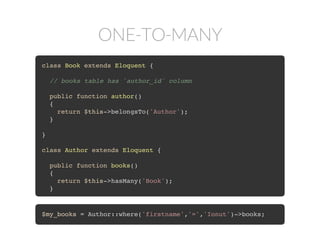 ONE-TO-MANY
class Book extends Eloquent {
// books table has `author_id` column
public function author()
{
return $this->belongsTo('Author');
}
}
class Author extends Eloquent {
public function books()
{
return $this->hasMany('Book');
}
$my_books = Author::where('firstname','=','Ionut')->books;
 