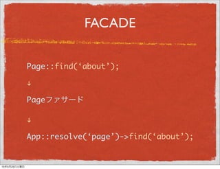 FACADE
Page::find(‘about’);
"
Pageファサード
"
App::resolve(‘page’)->find(‘about’);
13年5月29日水曜日
 