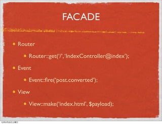 FACADE
Router
Router::get(‘/’,‘IndexController@index’);
Event
Event::ﬁre(‘post.converted’);
View
View::make(‘index.html’, ...