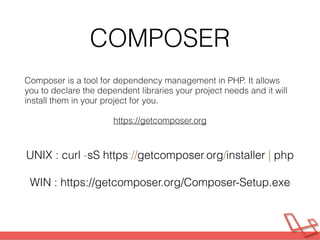 COMPOSER
Composer is a tool for dependency management in PHP. It allows
you to declare the dependent libraries your projec...