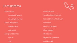 Ecossistema
Provisioning
Homestead (Vagrant)
Forge (Deploy Service)
Assets Managment
Webpack (mix)
Gulp (elixir)
Background Services
Queues
Jobs
Authentication
Socialite (OAuth Server)
Cashier (Payment Gateway)
Commands
Events & Listeners
Cloud Storage
Mail Service
Migrations & Seeders
Eloquent ORM
 